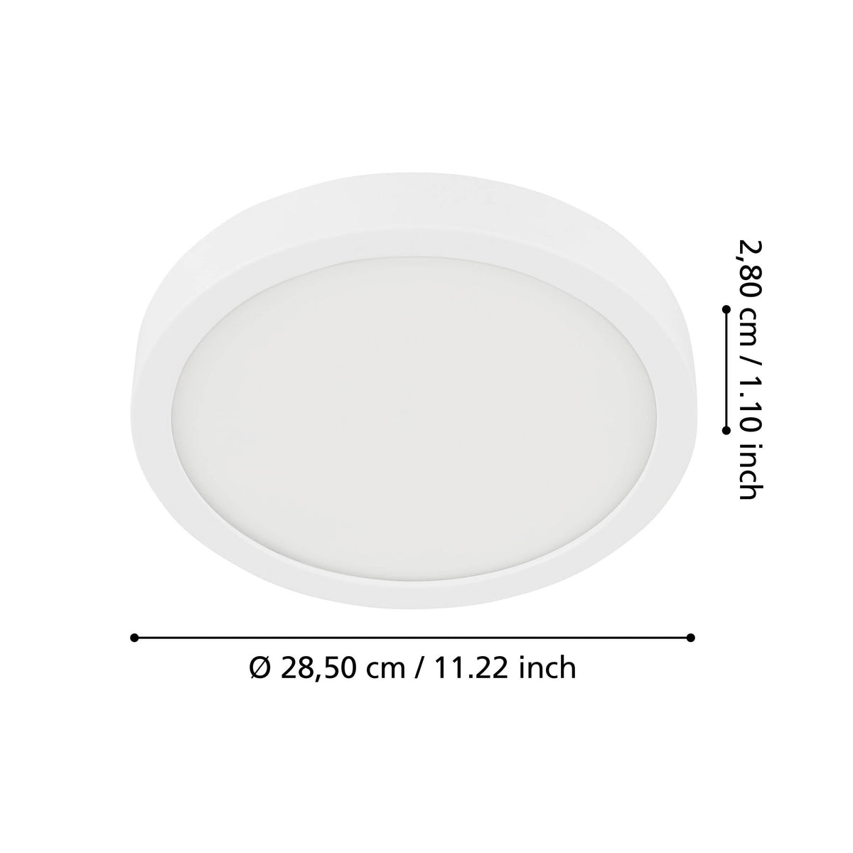 Schéma coté indiquant un diamètre de 28,5 cm et une hauteur de 2,8 cm