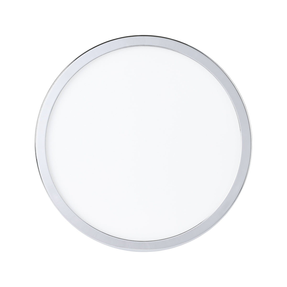 Vue de dessous du plafonnier circulaire blanc et chrome.