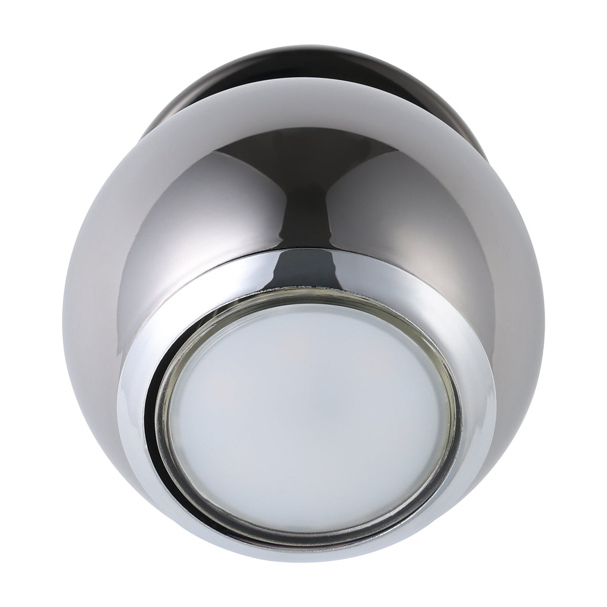 Vue de face du globe noir avec diffuseur blanc circulaire et cerclage chromé