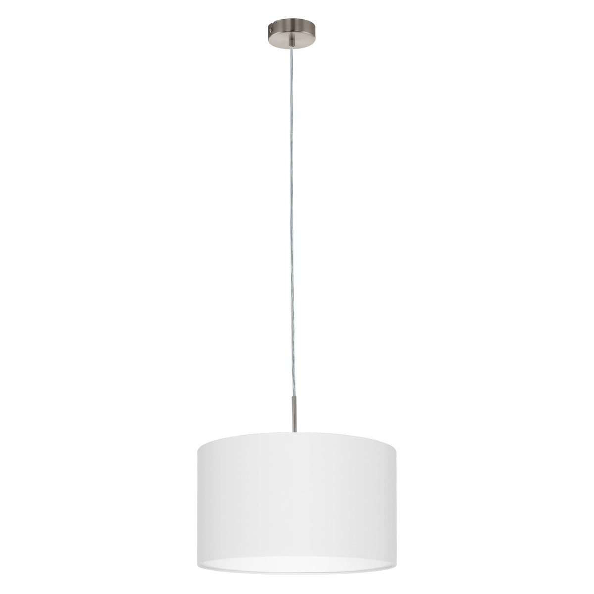Vue d'ensemble du luminaire suspendu avec son abat-jour blanc mat et sa rosace