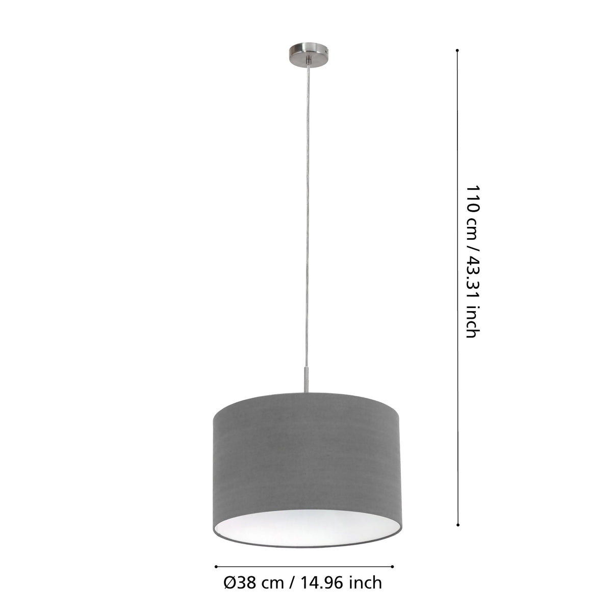 Schéma de dimensions avec hauteur 110 cm et diamètre 38 cm de l'abat-jour.