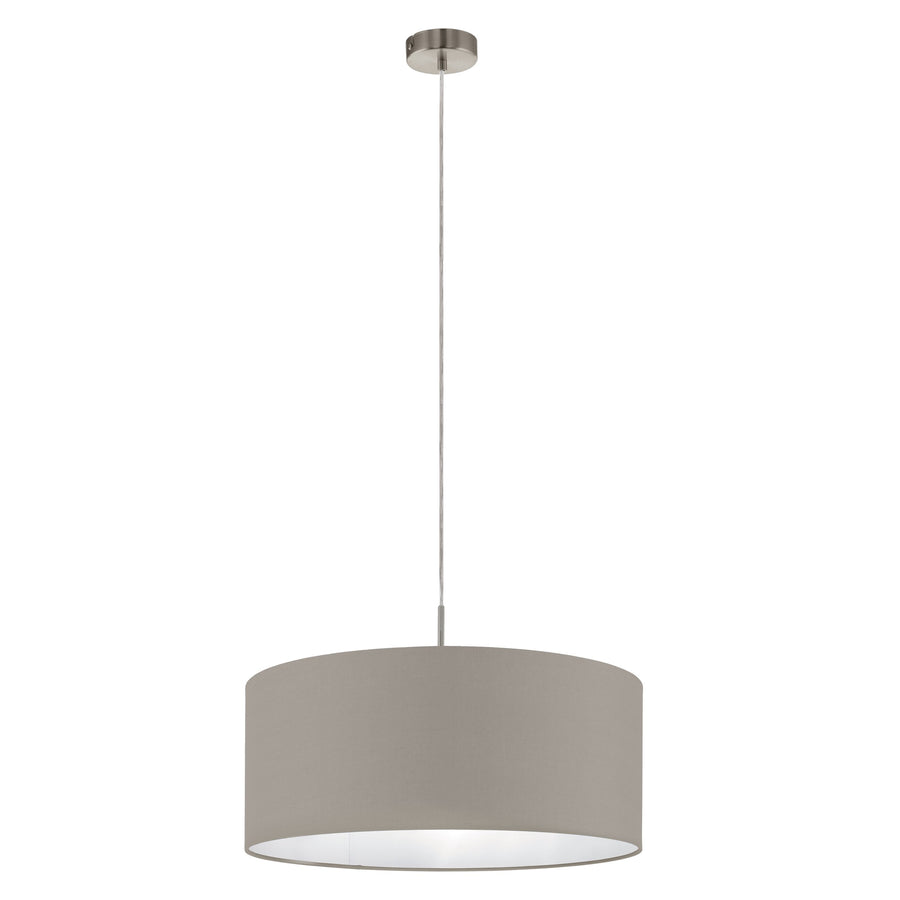 Vue d'ensemble du luminaire suspendu, abat-jour rond gris et rosace métallique
