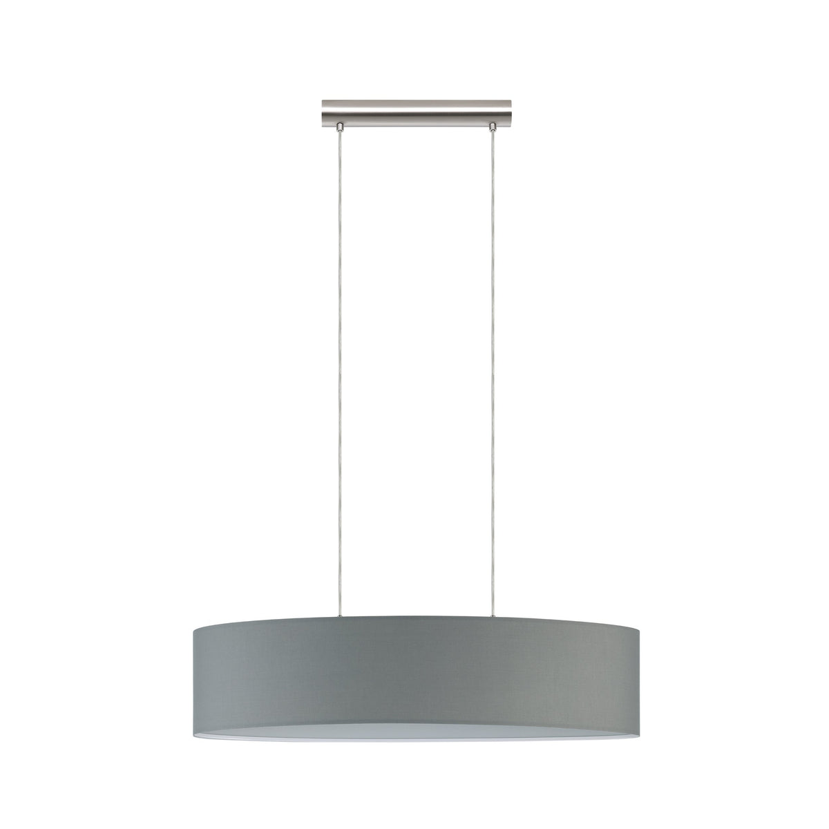 Vue de face sur fond blanc du luminaire suspendu complet et de sa fixation