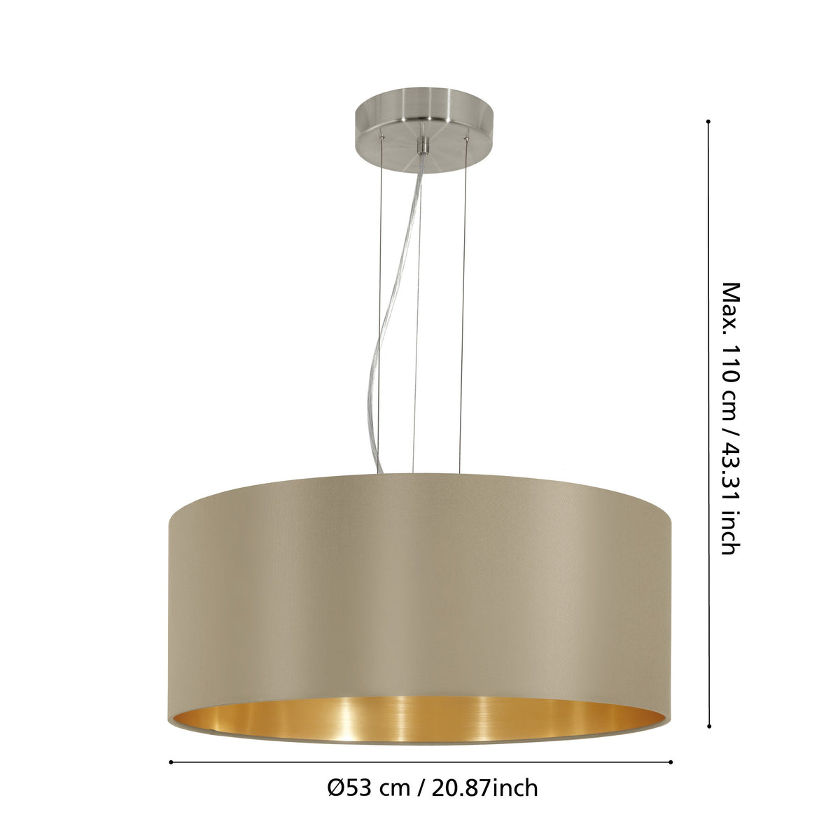 Schéma de dimensions indiquant diamètre 53 cm et hauteur maximale 110 cm.