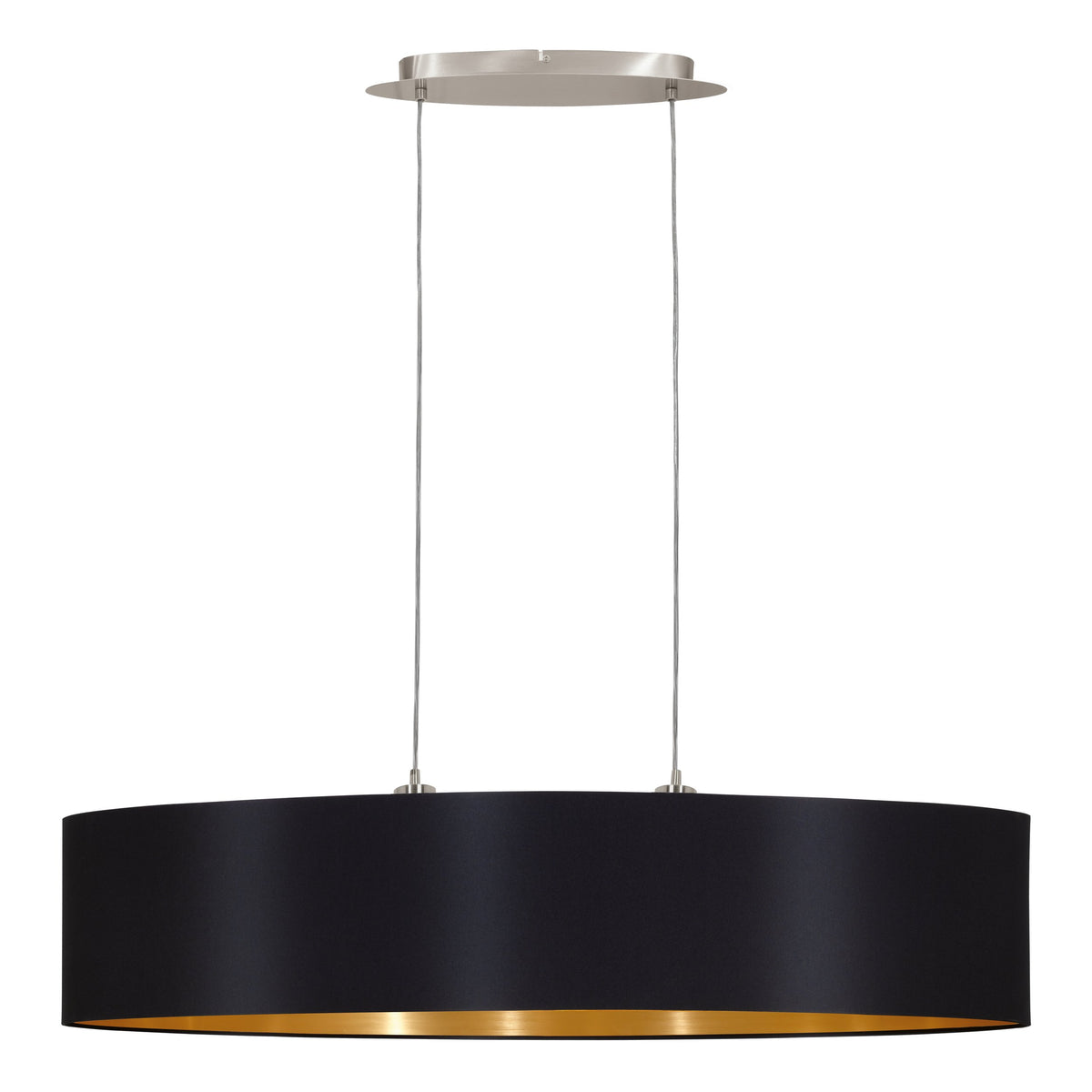Luminaire suspendu vu de face avec deux câbles fins et abat-jour tambour noir