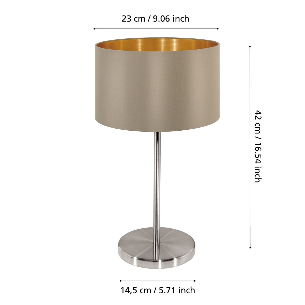 Schéma coté : 23 cm de diamètre, 42 cm de hauteur, 14,5 cm de base