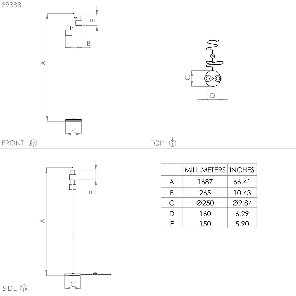 Plan technique coté de face, dessus et côté avec tableau des dimensions