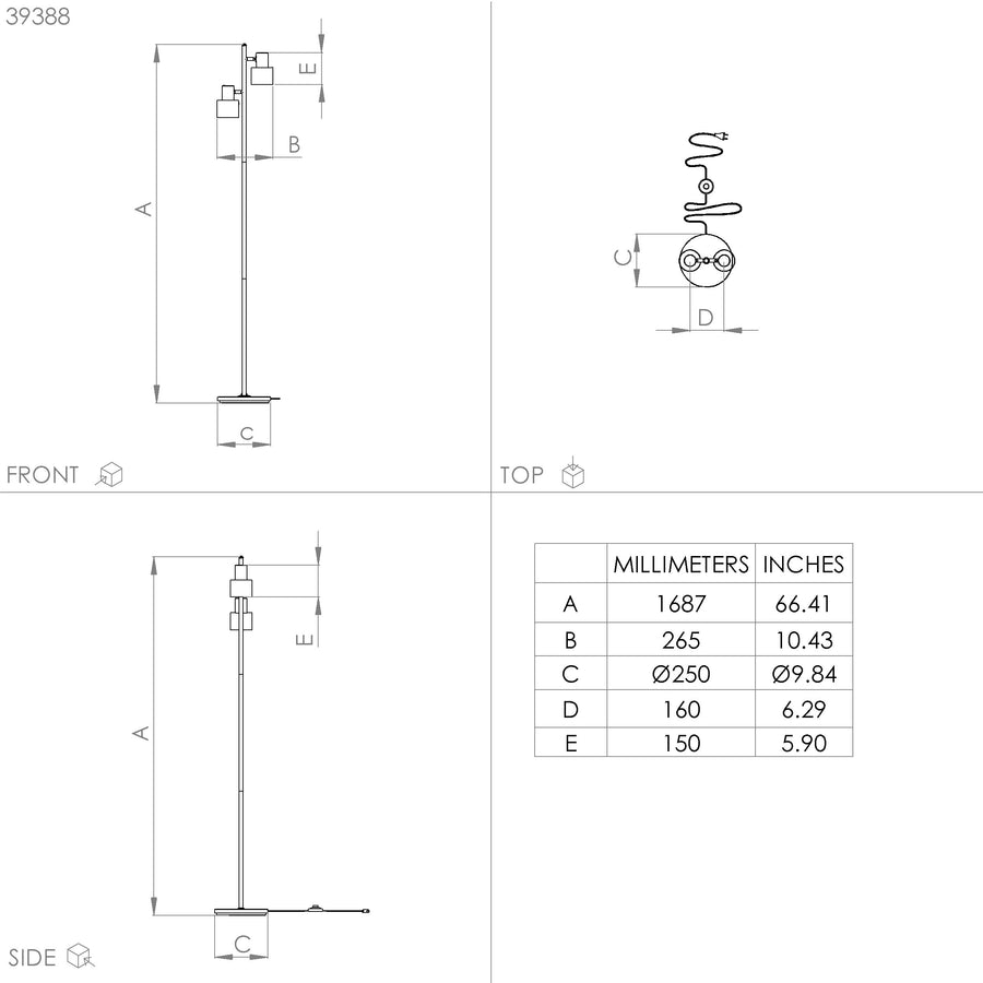 Plan technique coté de face, dessus et côté avec tableau des dimensions