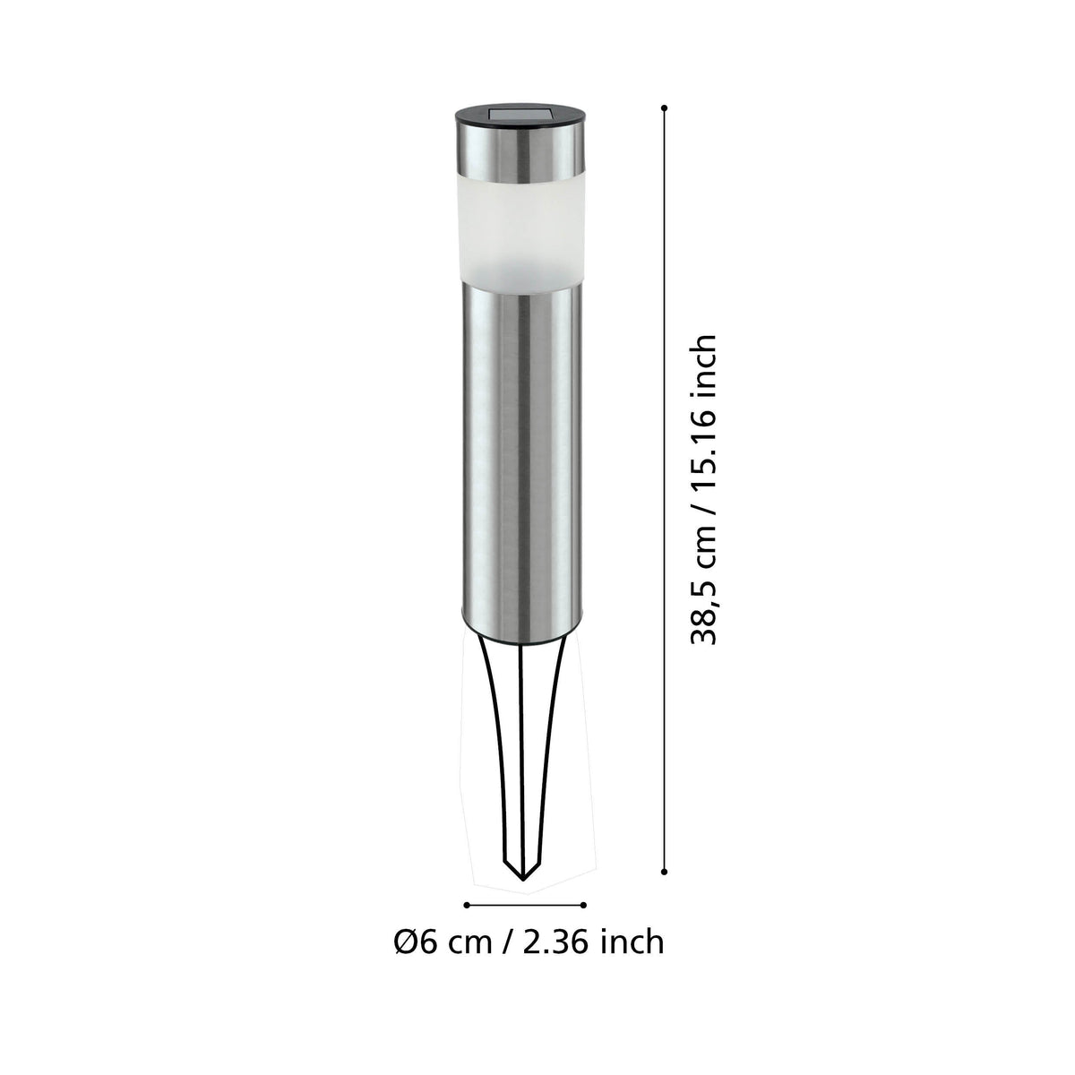 Schéma technique avec hauteur de 38,5 cm et diamètre de 6 cm.