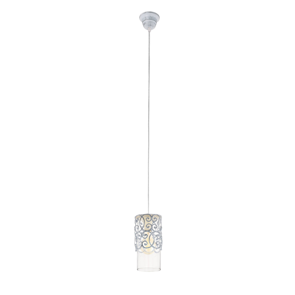 Vue d'ensemble du luminaire suspendu montrant pavillon, câble et abat-jour ajouré bleu gris
