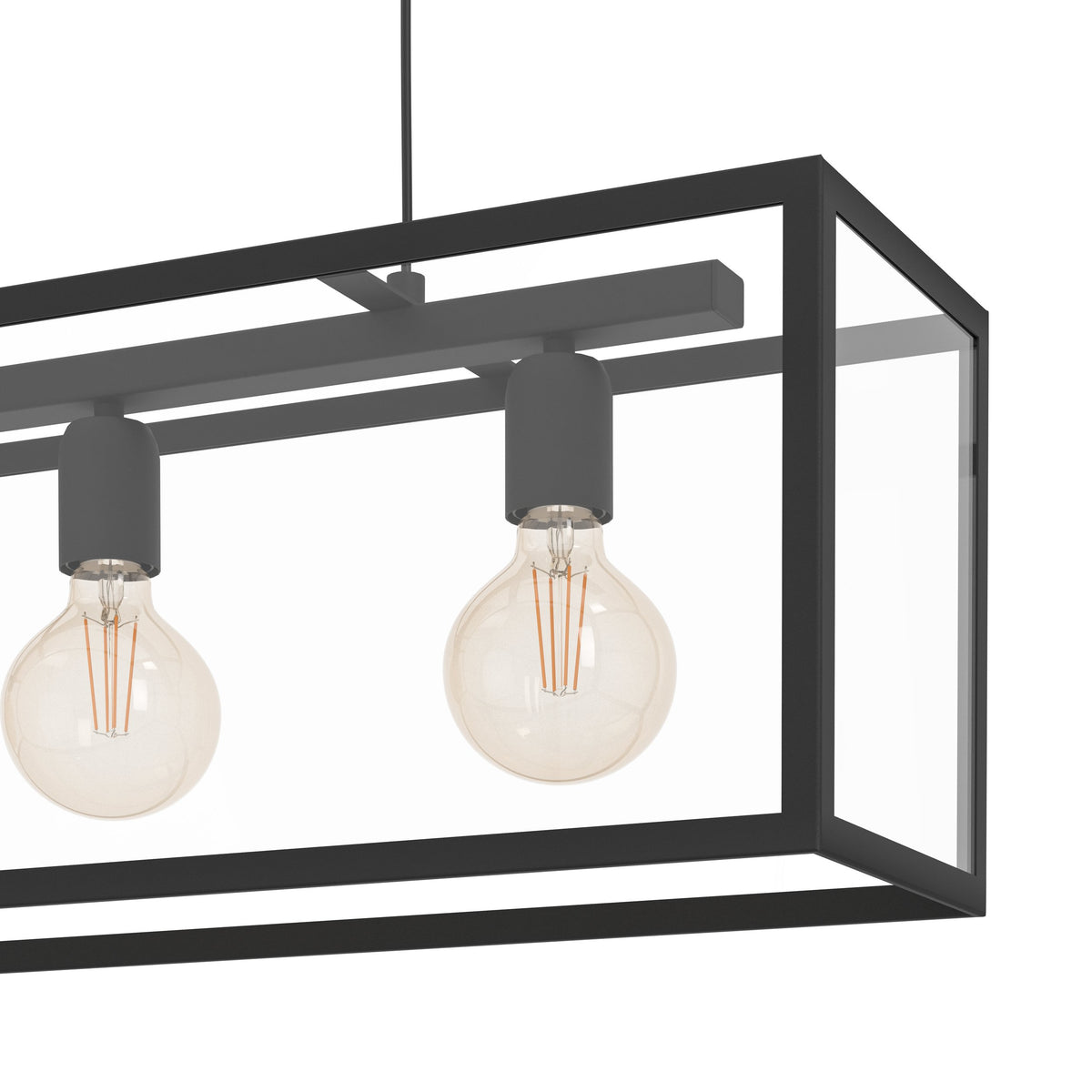 Gros plan sur les douilles noires, le verre transparent et les ampoules filament