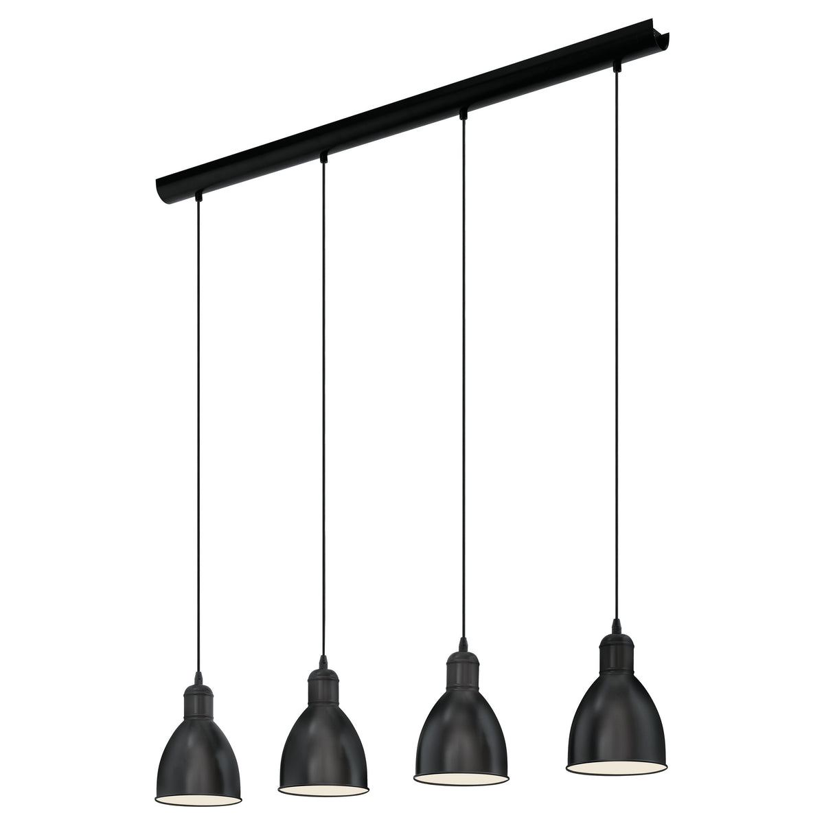 Vue en perspective du luminaire suspendu avec ses quatre cônes noirs et câbles
