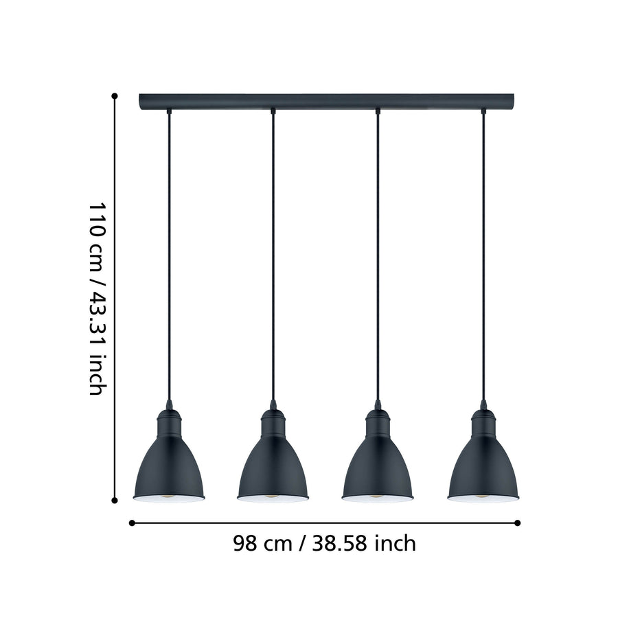 Schéma coté indiquant 110 cm de hauteur et 98 cm de largeur du luminaire