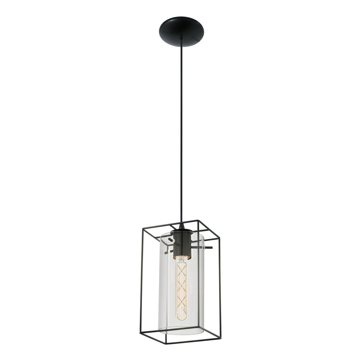 Vue de trois quarts du luminaire montrant la cage noire et l'ampoule filament