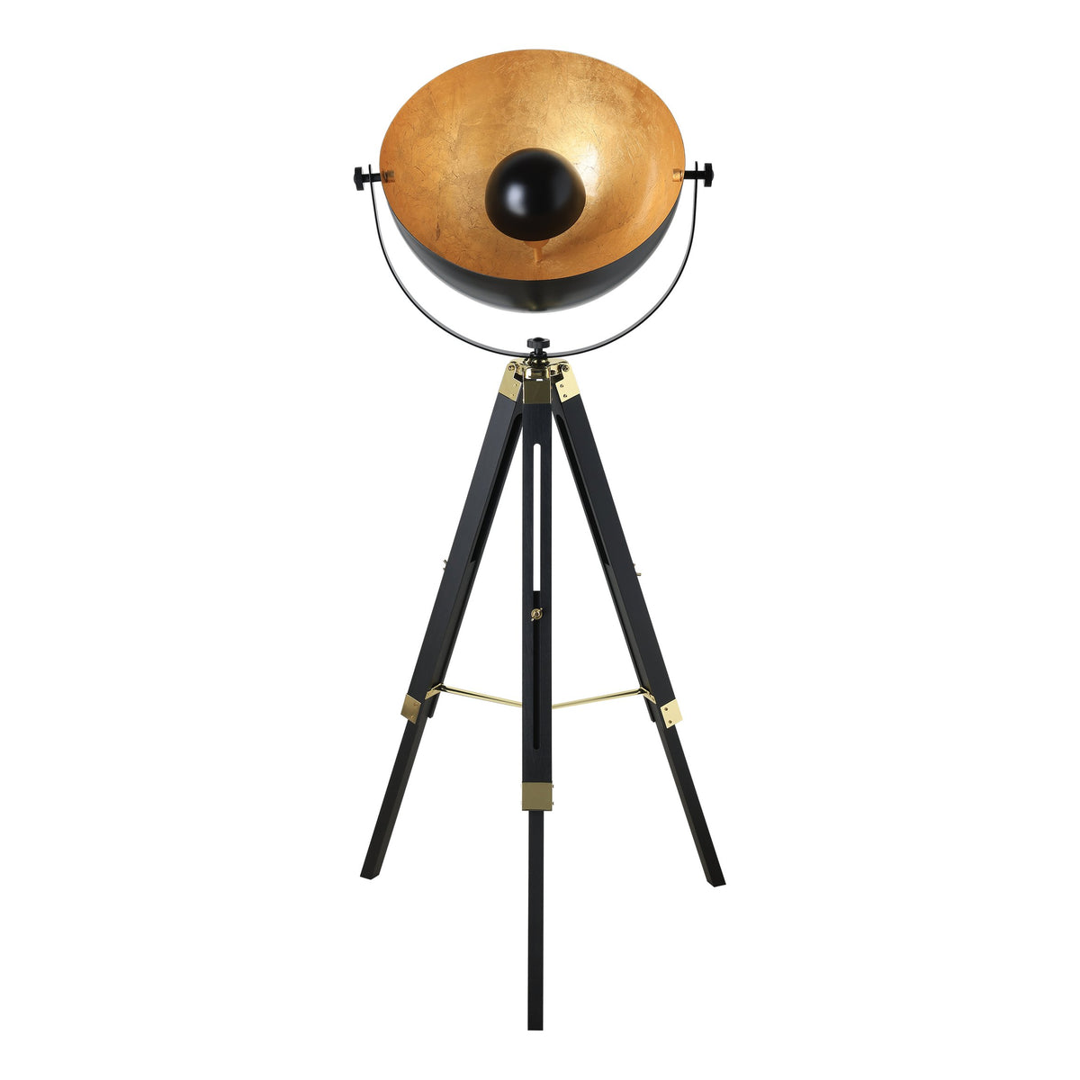 Vue de face du luminaire, réflecteur orientable et base trépied à finitions laiton