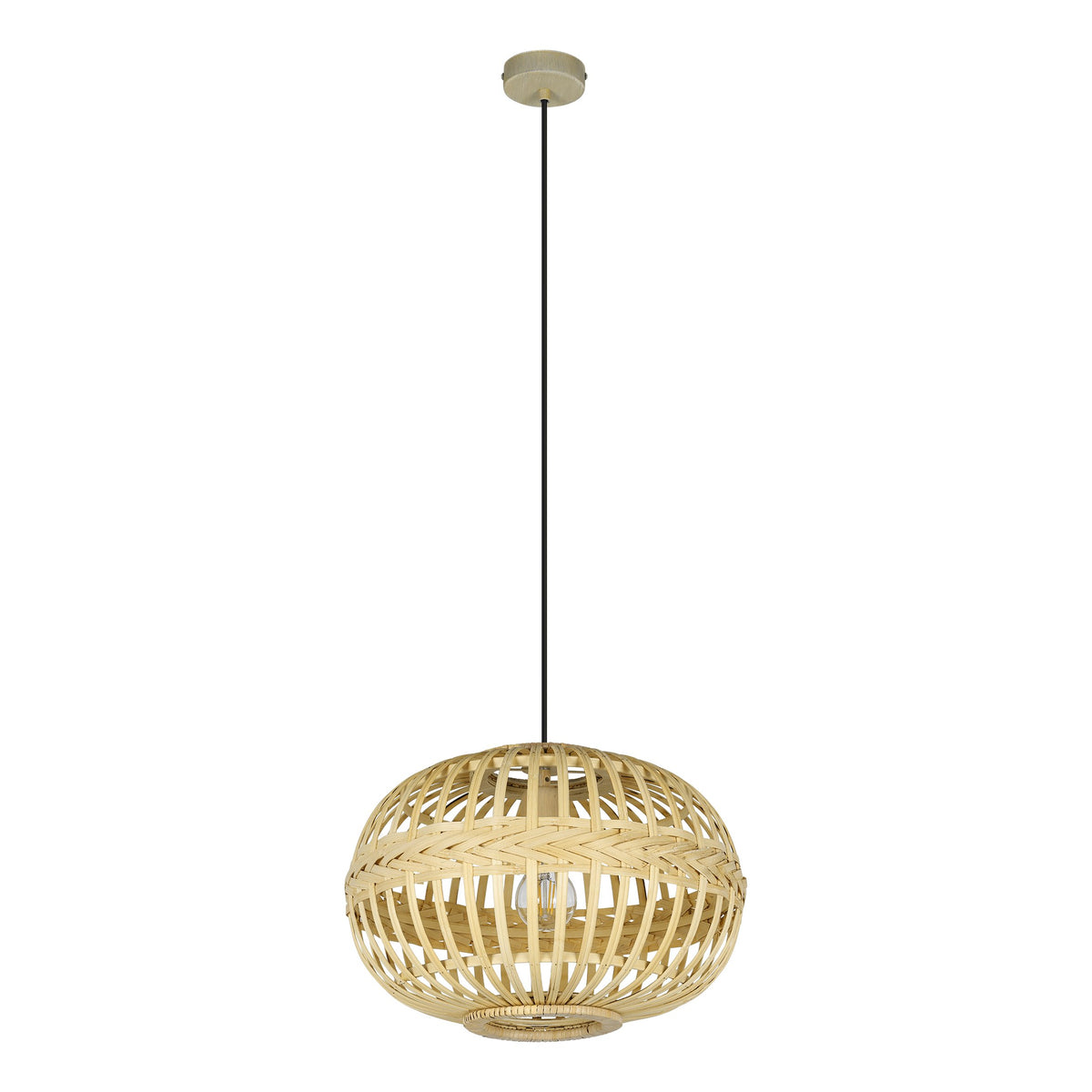 Vue entière de la suspension en bois clair, cordon et fixation plafond.