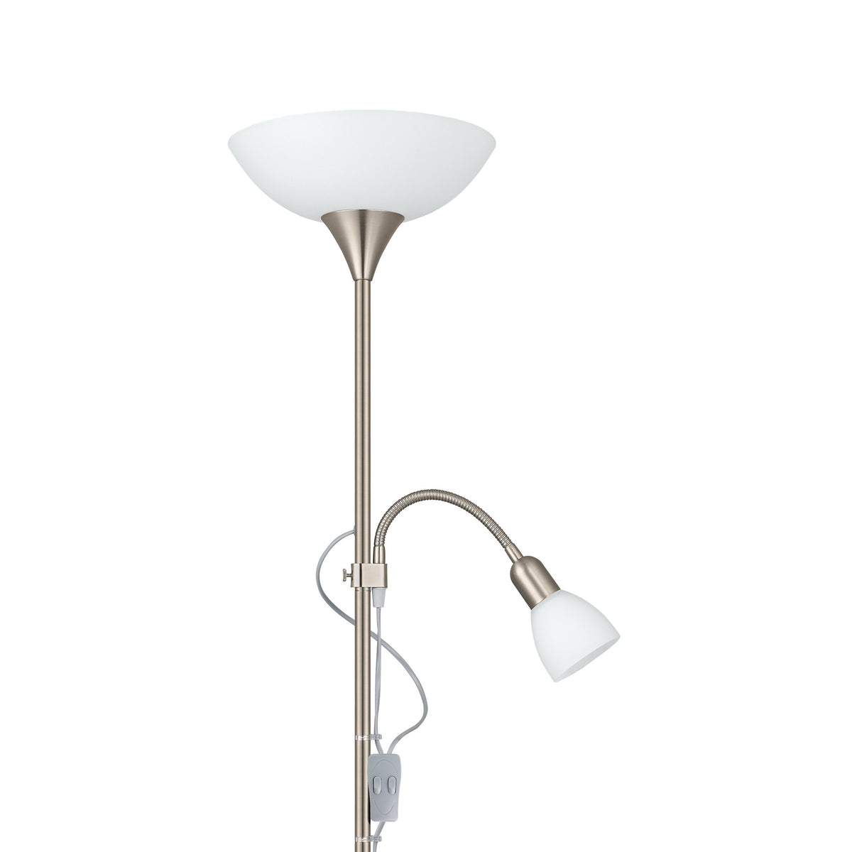 Détail du bras flexible et de la coupelle en verre blanc mat