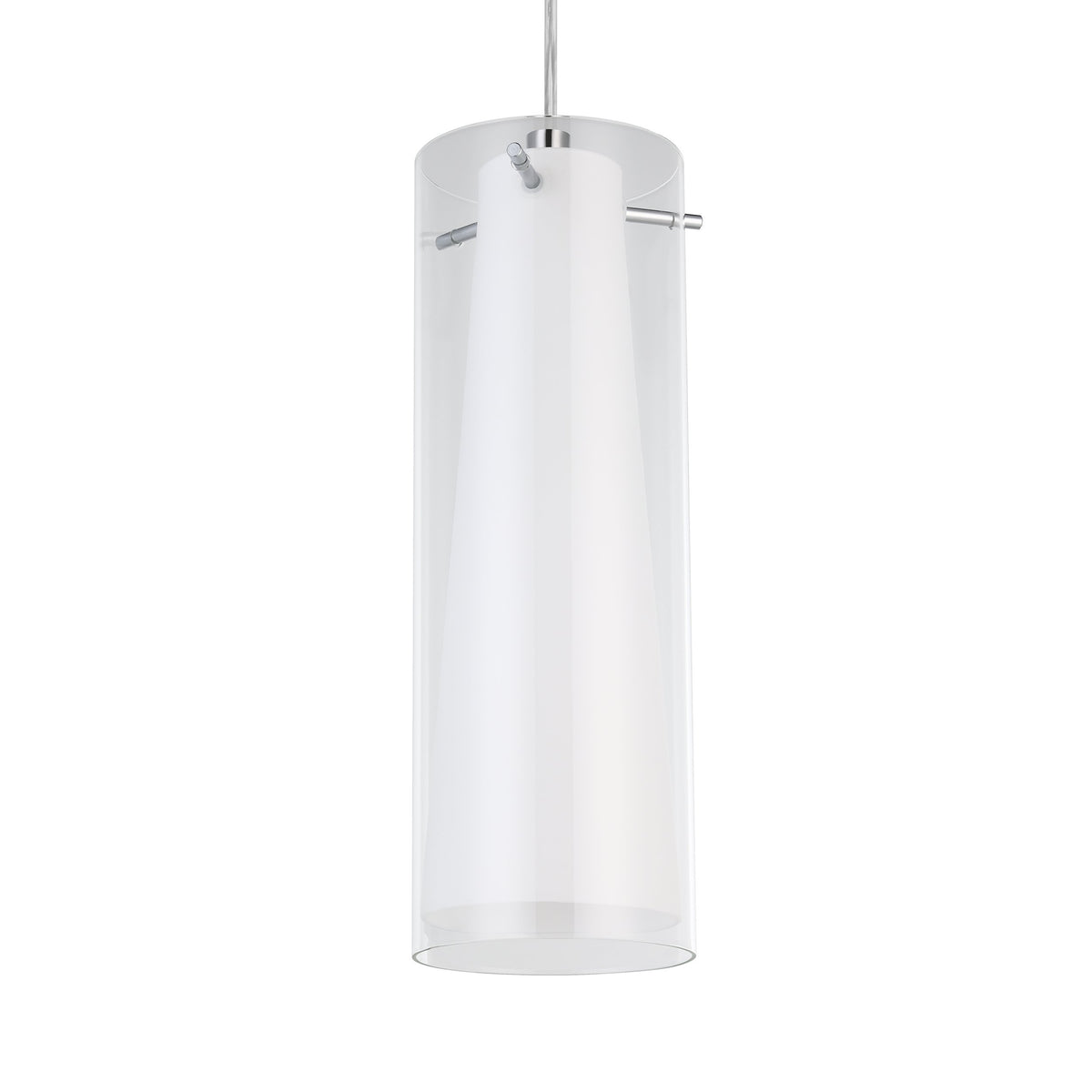 Gros plan sur un diffuseur cylindrique en verre transparent et sa fixation chromée.