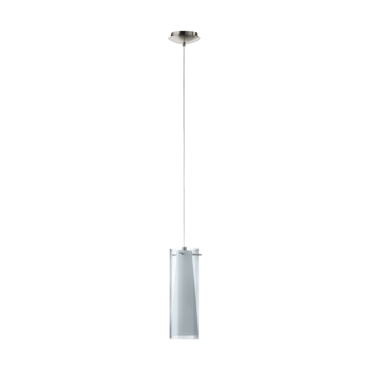 Cylindre de verre transparent tenu par deux vis apparentes, rosace nickel et câble tendu.