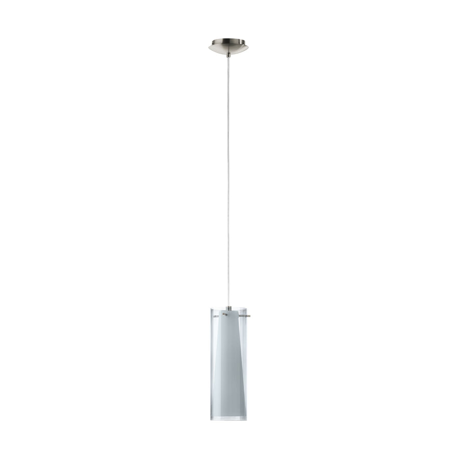 Cylindre de verre transparent tenu par deux vis apparentes, rosace nickel et câble tendu.