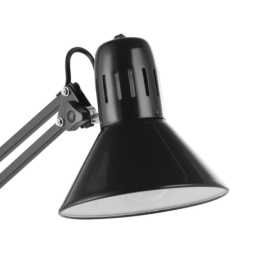 Gros plan sur la tête conique noire et les grilles d'aération de la lampe