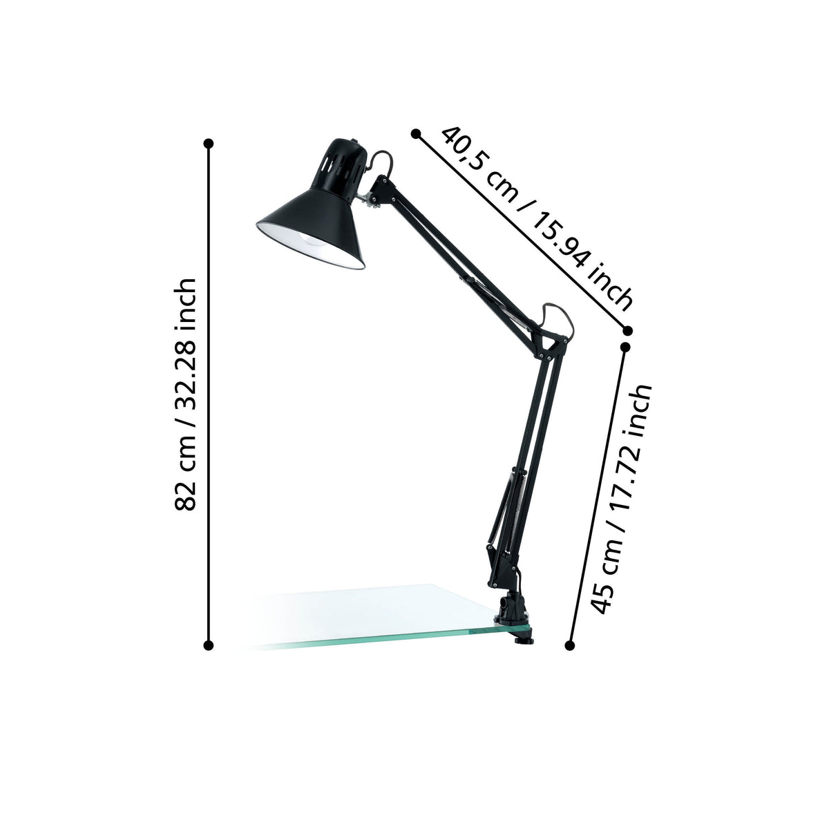 Schéma de dimensions de la lampe noire avec hauteur et longueurs indiquées