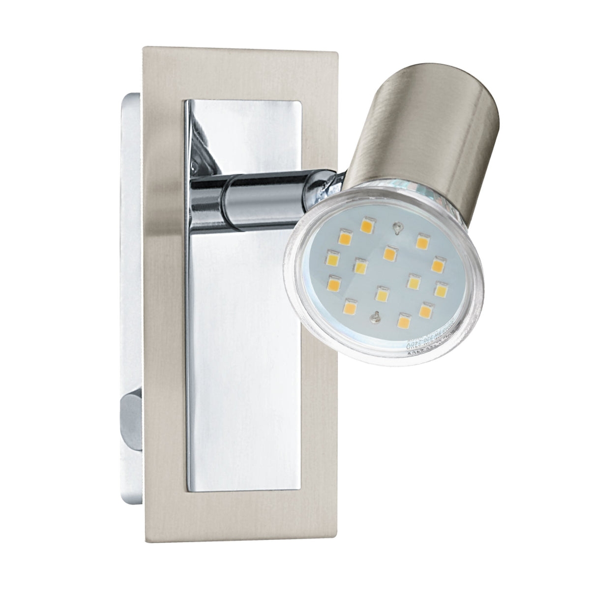 Vue de profil du spot mural, tête cylindrique relevée vers le haut sur platine rectangulaire.
