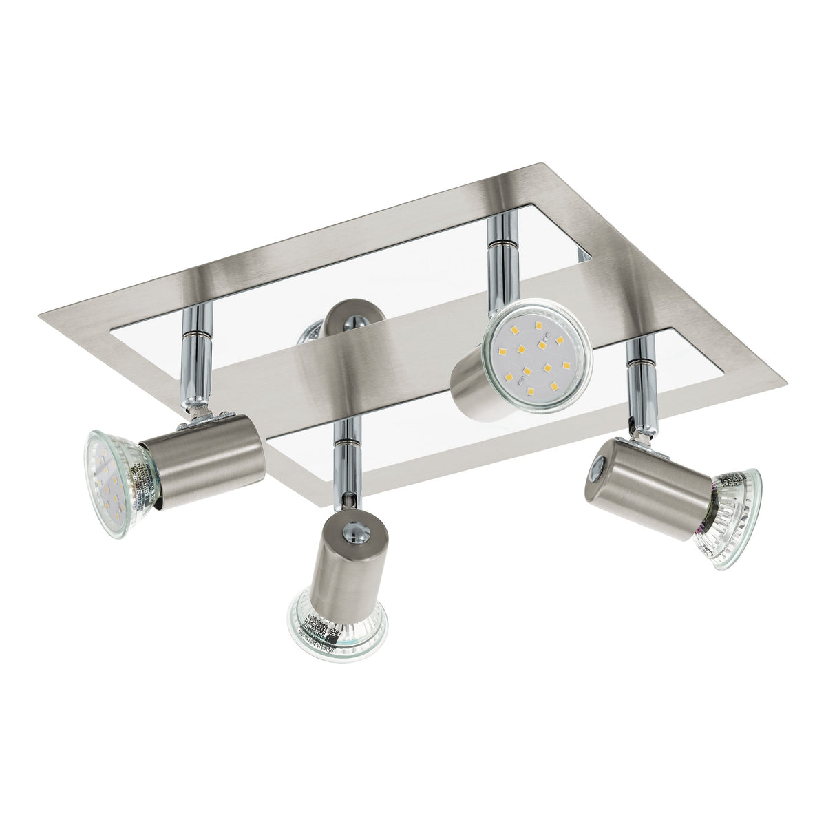 Vue isolée sur fond blanc du luminaire à quatre projecteurs orientables, finition nickel satiné.