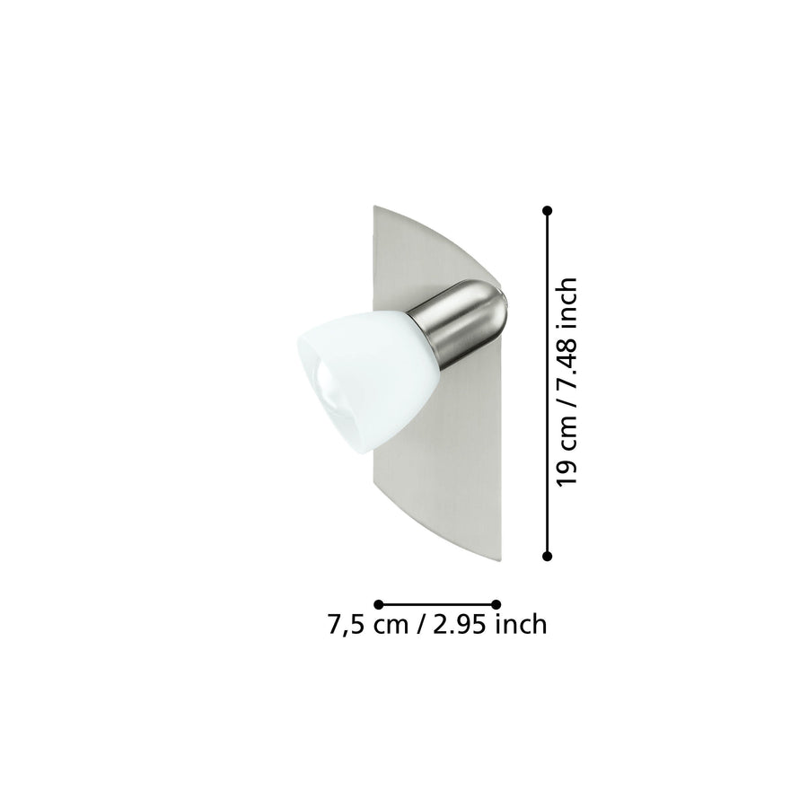 Schéma coté du spot mural indiquant 19 cm de hauteur et 7,5 cm de largeur.