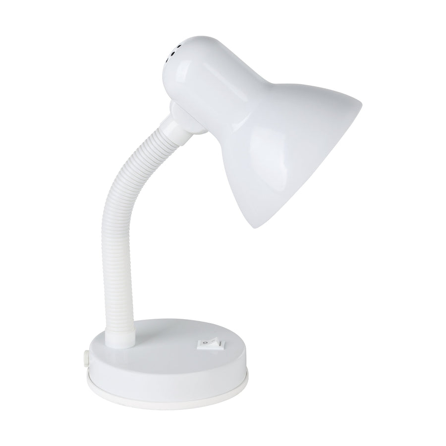 Vue de trois quarts montrant l'interrupteur blanc sur la base ronde et le col annelé.