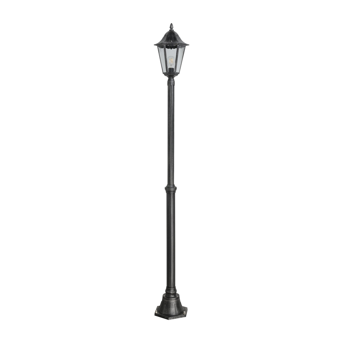 Vue d'ensemble du lampadaire sur pied, socle hexagonal, tige cylindrique décorative.