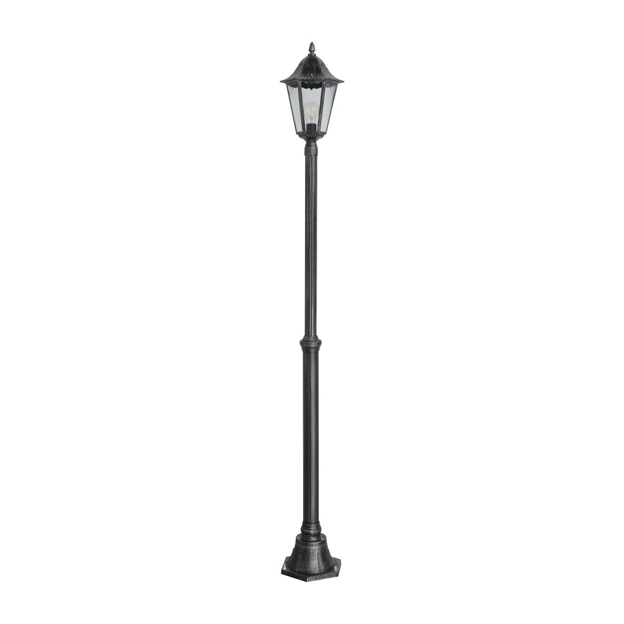 Vue d'ensemble du lampadaire sur pied, socle hexagonal, tige cylindrique décorative.