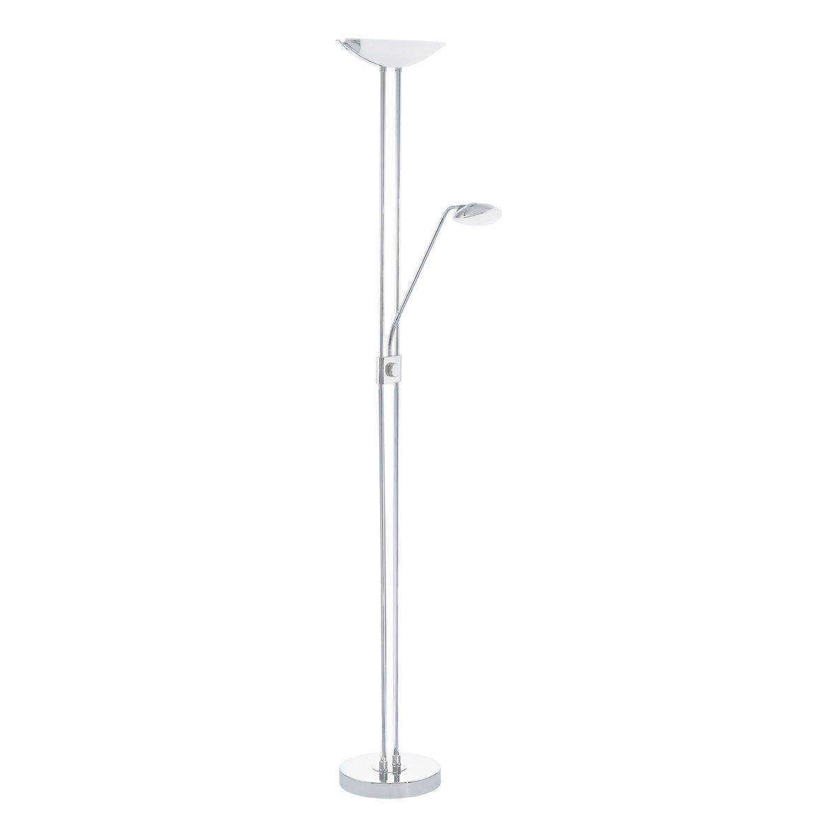 Vue de trois quarts du lampadaire chromé, bras de lecture incliné vers la droite