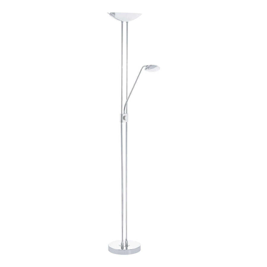 Vue de trois quarts du lampadaire chromé, bras de lecture incliné vers la droite