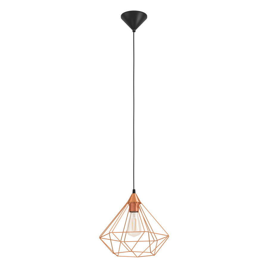 Vue latérale de la suspension noire et cuivrée avec ampoule visible.