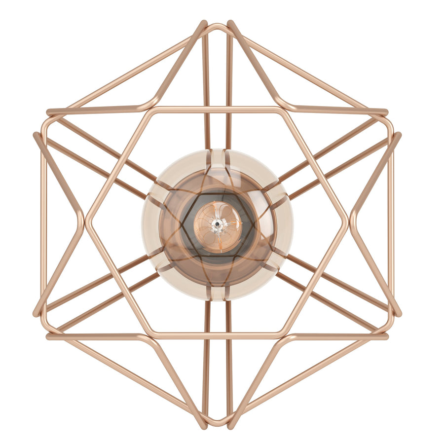 Vue de face du luminaire, silhouette géométrique en métal cuivré autour de l'ampoule.