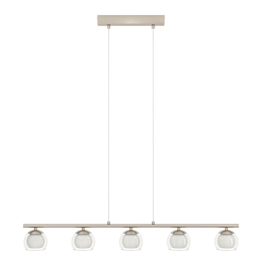 Vue de face du luminaire, barre horizontale et cinq suspensions en verre alignées