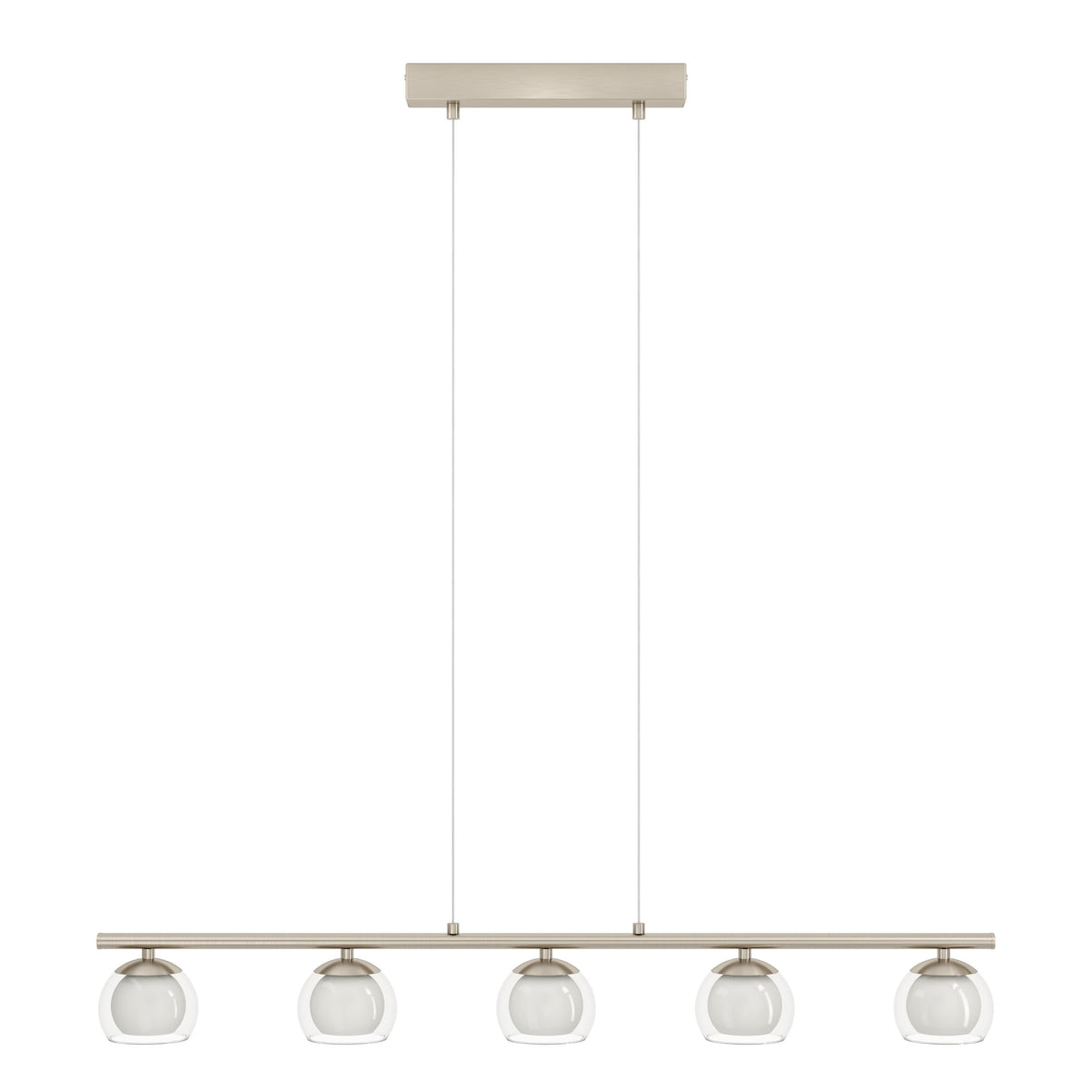 Vue de face du luminaire, barre horizontale et cinq suspensions en verre alignées