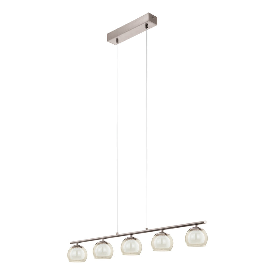 Vue en perspective du luminaire présentant les cinq globes en verre orientés vers le bas