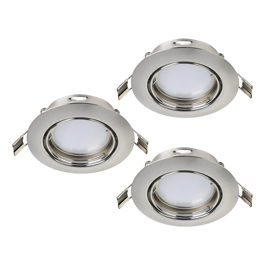 Vue en biais de trois spots nickel avec ressorts de fixation et diffuseur opale
