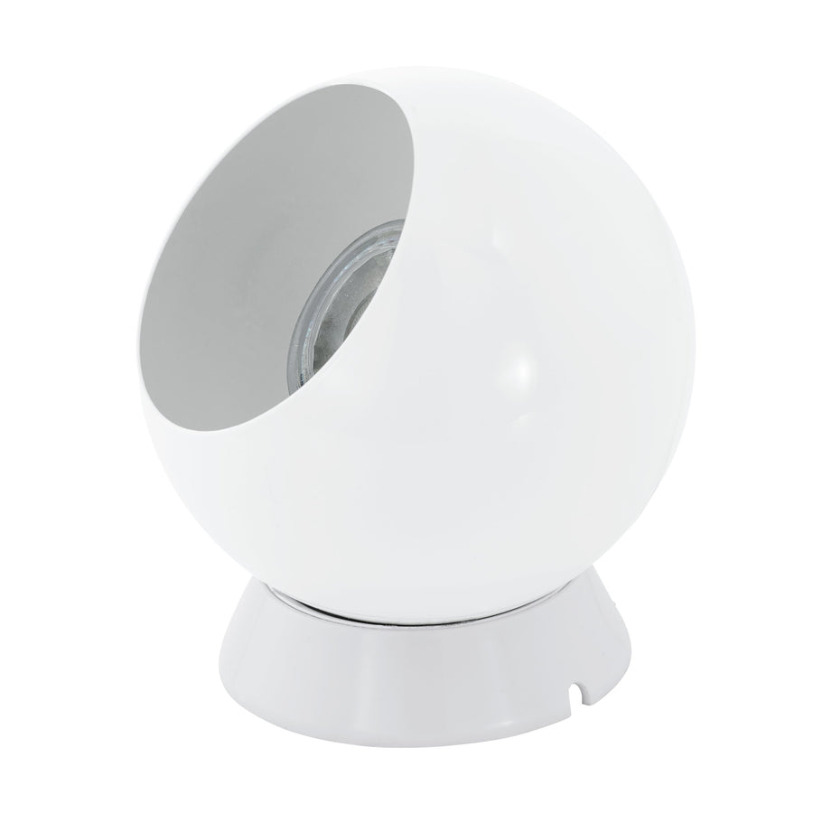 Vue de face du globe blanc posé sur son socle, câble apparent