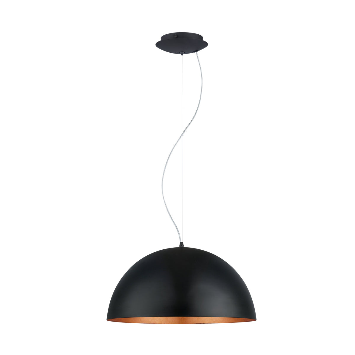 Vue de trois quarts avec câble électrique ondulant et rosace noire au plafond