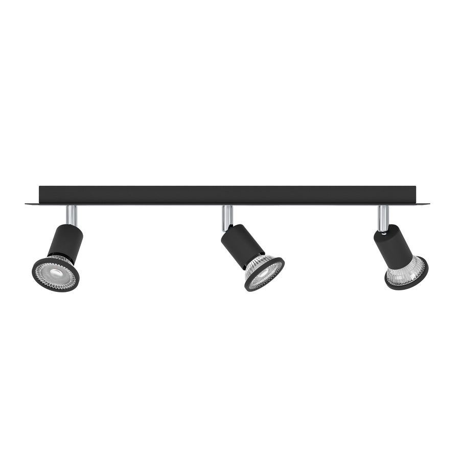 Vue de face du luminaire trois spots, platine rectangulaire noire et chrome