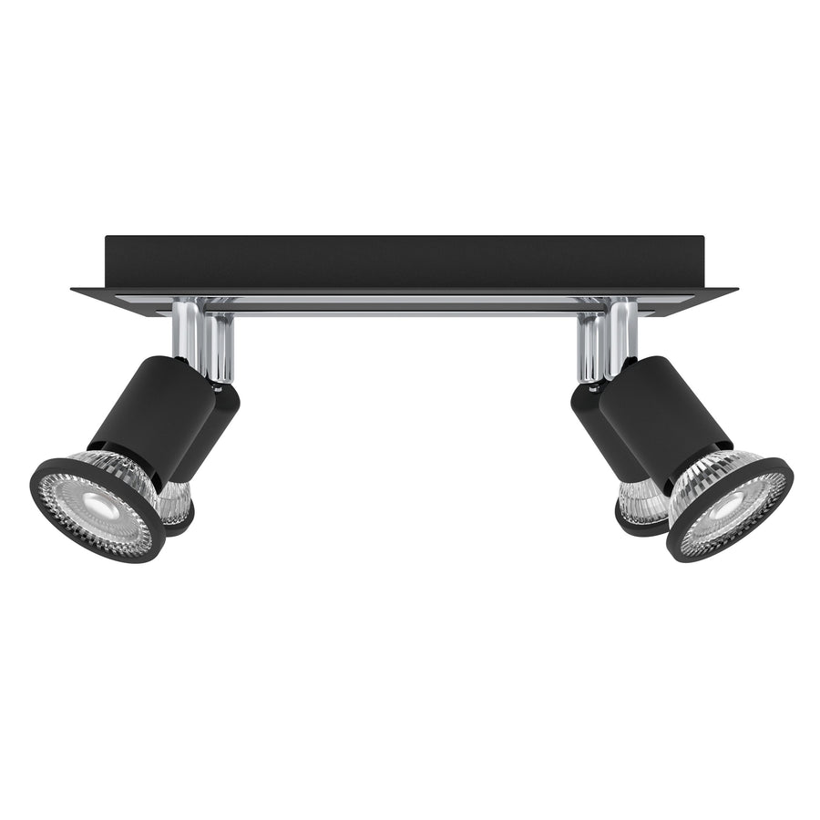 Vue de face du luminaire montrant sa base carrée noire et ses spots orientables.