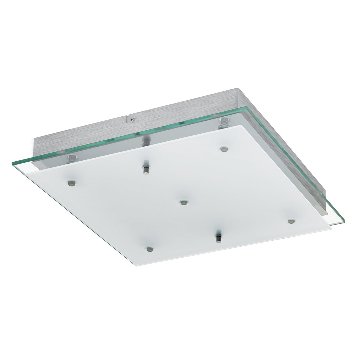 Plafonnier carré vu de trois quarts, cadre chromé et dalle de verre blanc