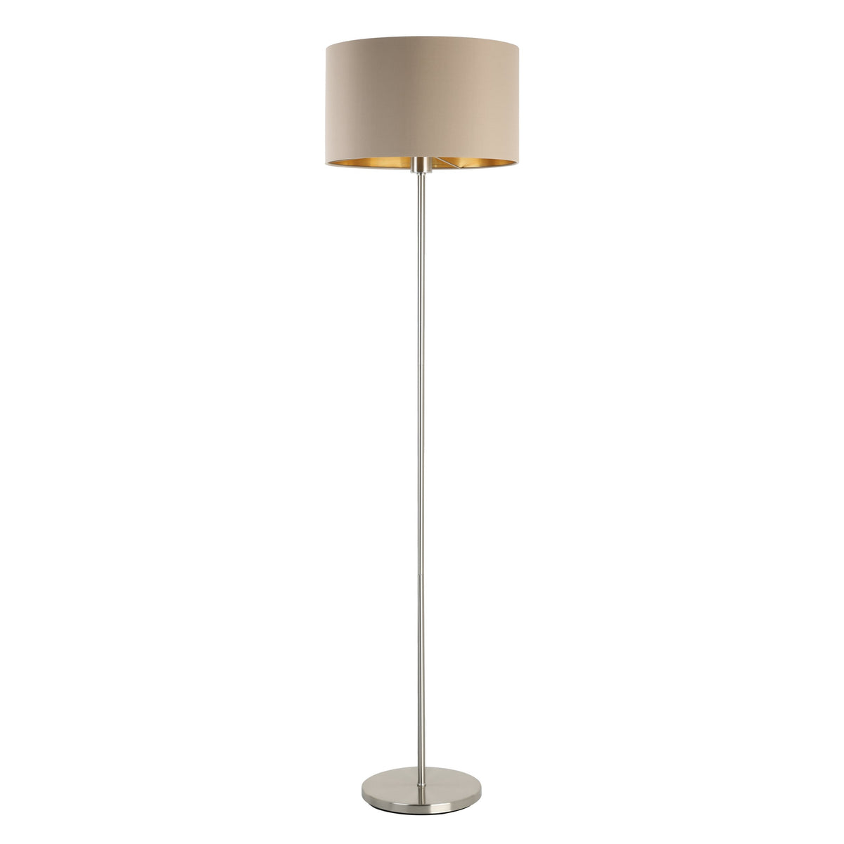Vue de trois quarts du lampadaire, pied fin et socle rond chromé