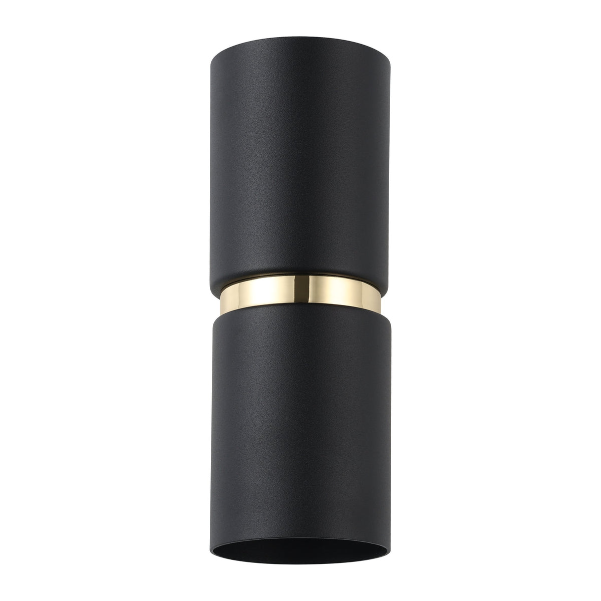Vue de face du cylindre noir double avec bague dorée sur fond neutre