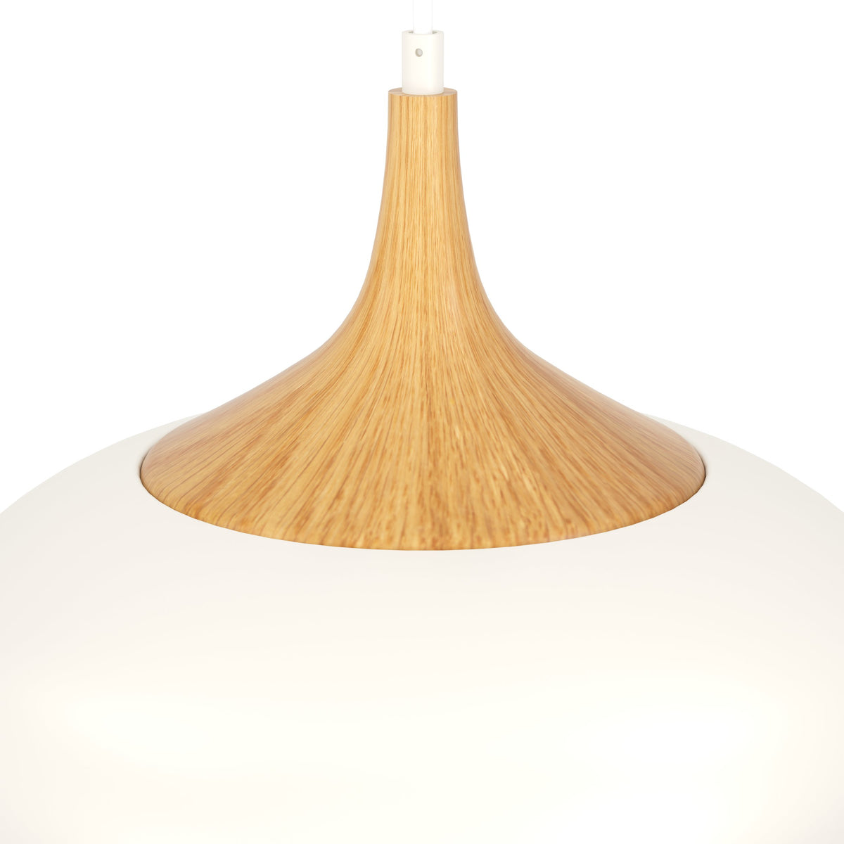 Gros plan sur la cime en bois et la fixation blanche du luminaire