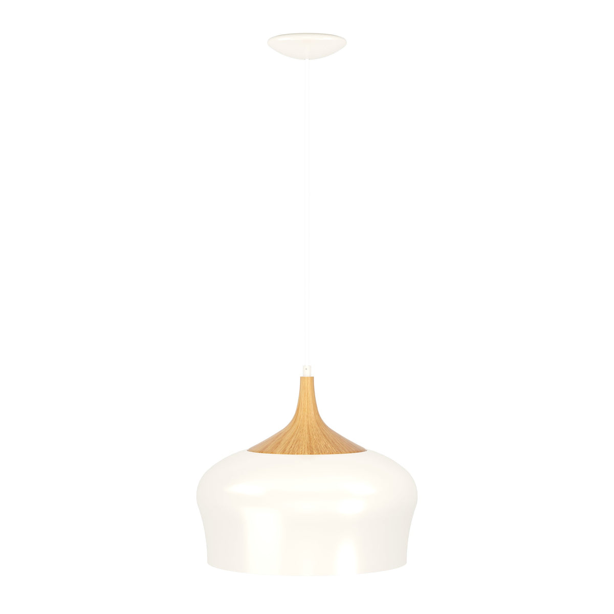 Vue de face du luminaire entier, abat-jour blanc cassé et cône en bois