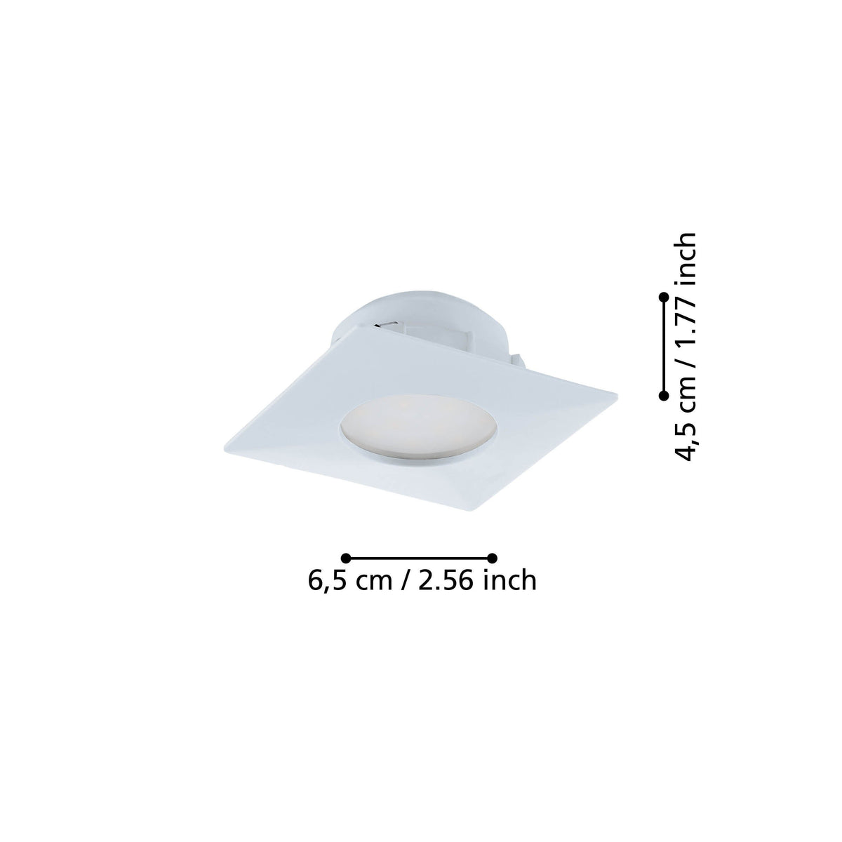 Schéma technique coté du spot indiquant largeur 6,5 cm et hauteur 4,5 cm.